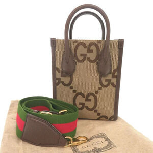 Gucci Jumbo Leather Handbag Beige Tote GG Bag Shoulder Brown Canvas